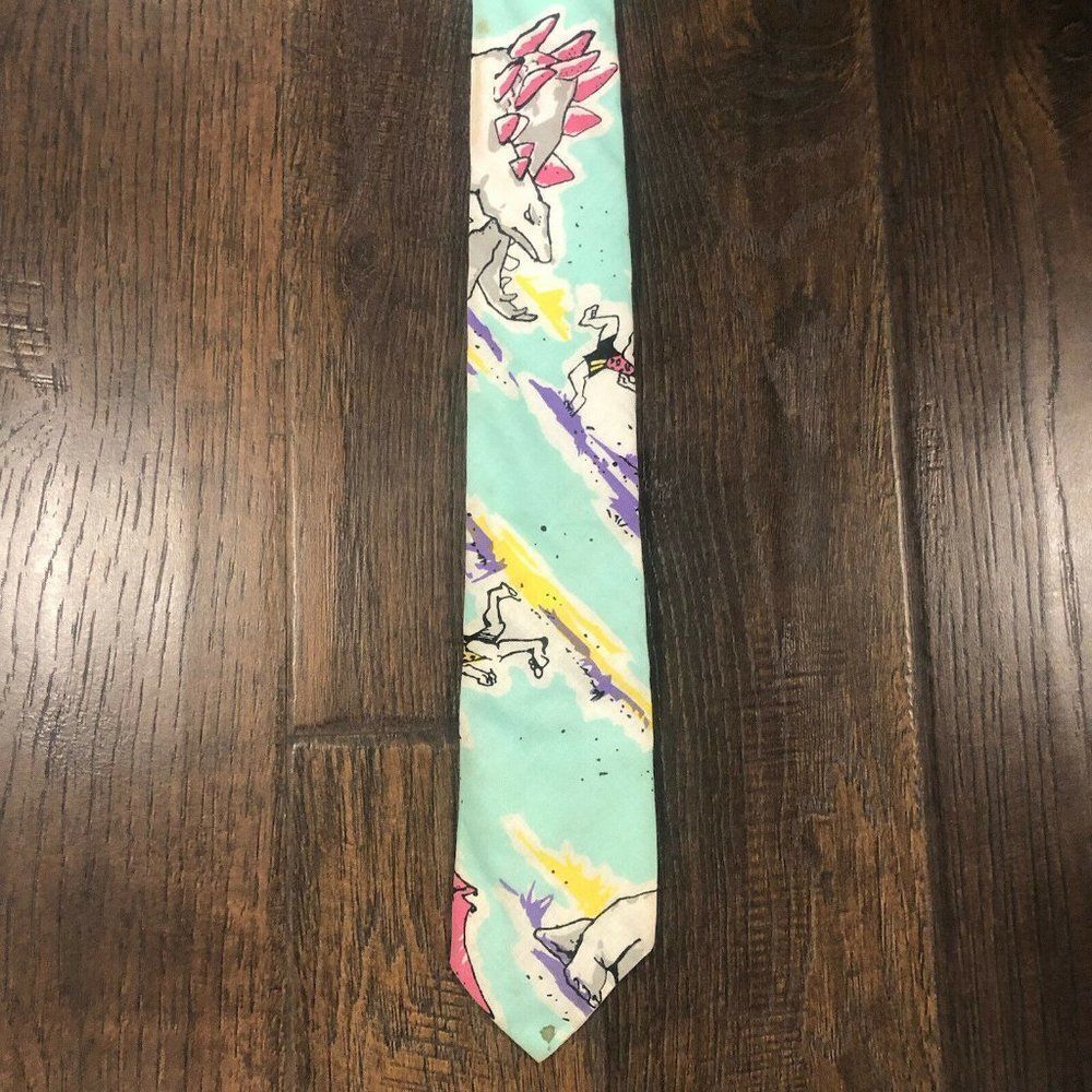 Vintage Bon Homme Stegosaurus Dinosaurs Novelty Necktie Light‎ Blue Comic Retro - Picture 2 of 11